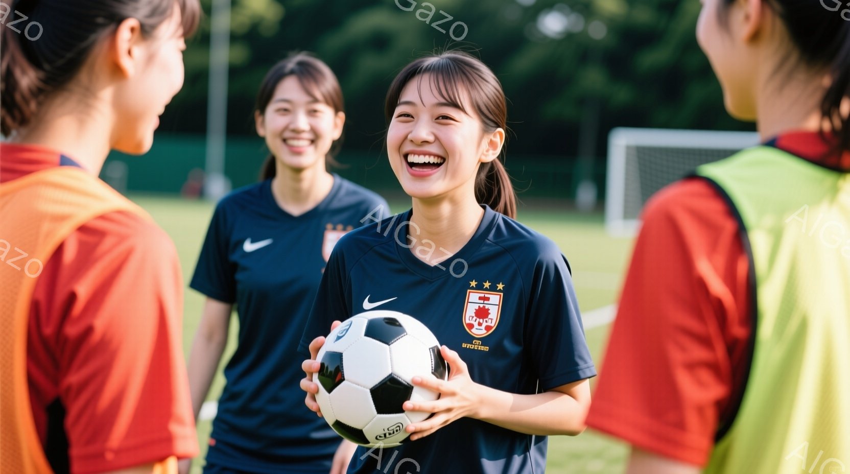 サッカーユニフォームを着た女性たちが写っている。紺色のユニフォームを着た女性は、サッカーボールを持って笑顔を見せており、周囲のオレンジ色のユニフォームを着た女性たちも楽しそうに彼女を見ている。背景には緑の芝生と木々が見え、晴天の下で活気のある雰囲気である。