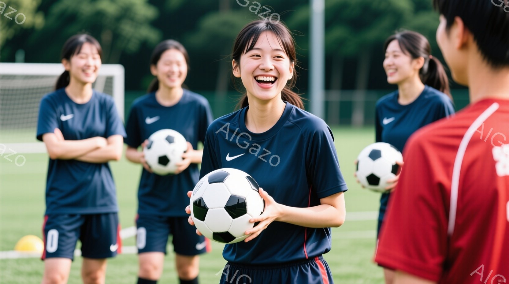 紺色のサッカーユニフォームを着た女性たちが写っている。笑顔の女性はサッカーボールを持ち、他の女性たちはボールを抱えて立っている。背景には緑の芝生とサッカーゴールが見え、晴れた日の屋外での活動を捉えた明るい雰囲気の画像である。