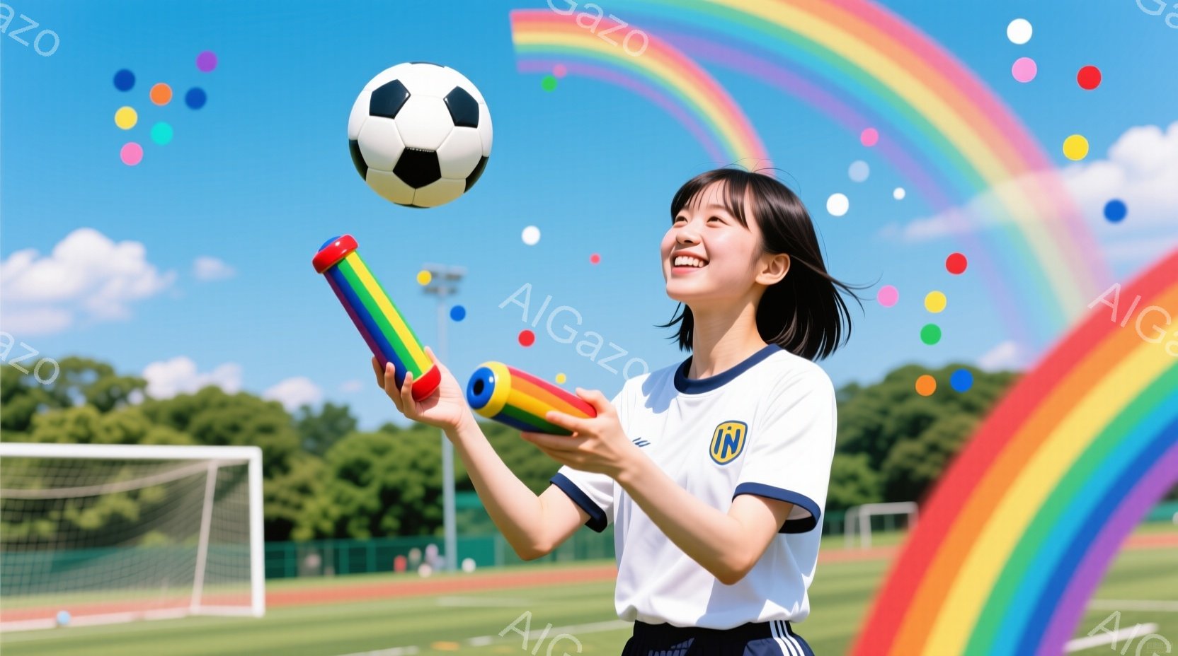 緑のサッカー場に立つ若い女性が写っています。彼女は青い襟と袖口の白いサッカーユニフォームを着ており、黒いショートパンツを履いています。彼女は笑顔で虹色のサッカーボールジャグリングをしており、背景にはゴールネットと青空、そして虹が広がっています。