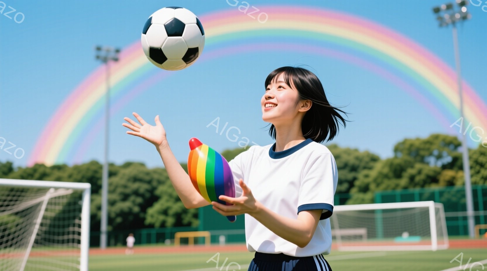 若い女性がサッカーボールを蹴り上げようとしている瞬間を捉えた写真です。彼女は白い短袖シャツに黒のショートパンツ姿で、短い黒髪をしています。背景には緑のサッカー場と、鮮やかな虹が広がっており、晴れた日の明るく活気のある雰囲気を演出しています。