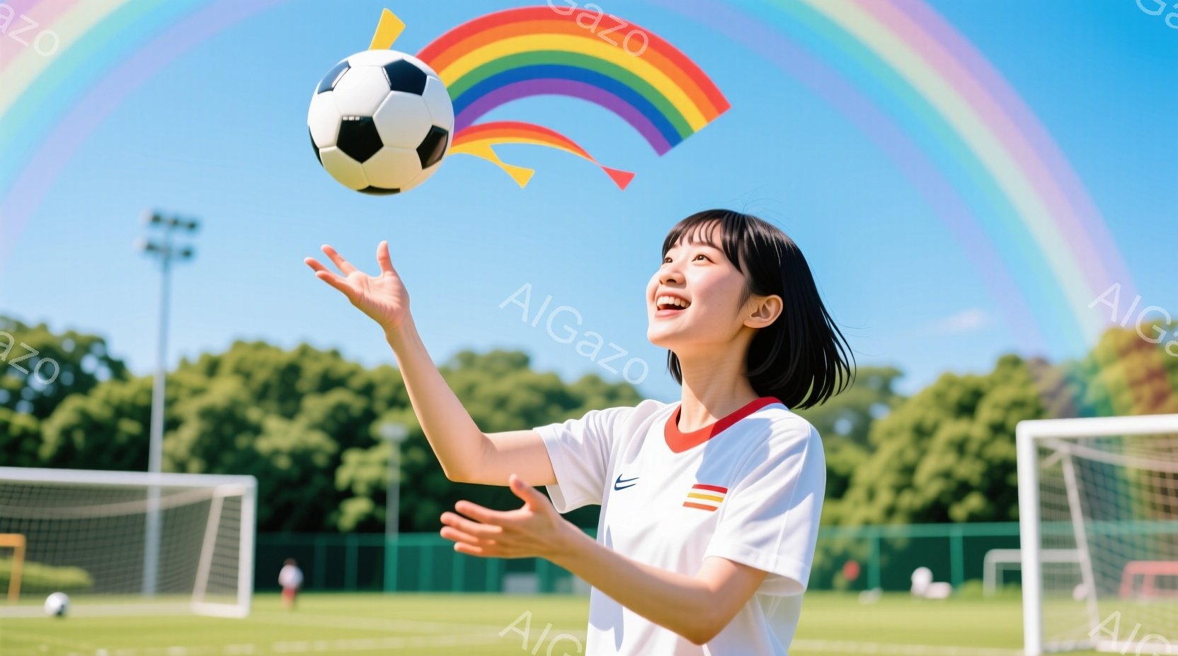 短い黒髪の女性が、サッカーボールを片手で上に放り投げている様子が写っている。白いシャツに赤と黄色のラインが入っており、笑顔で楽しんでいる様子が伺える。背景には緑のサッカー場、ゴールネット、そして鮮やか - AI生成フリー素材