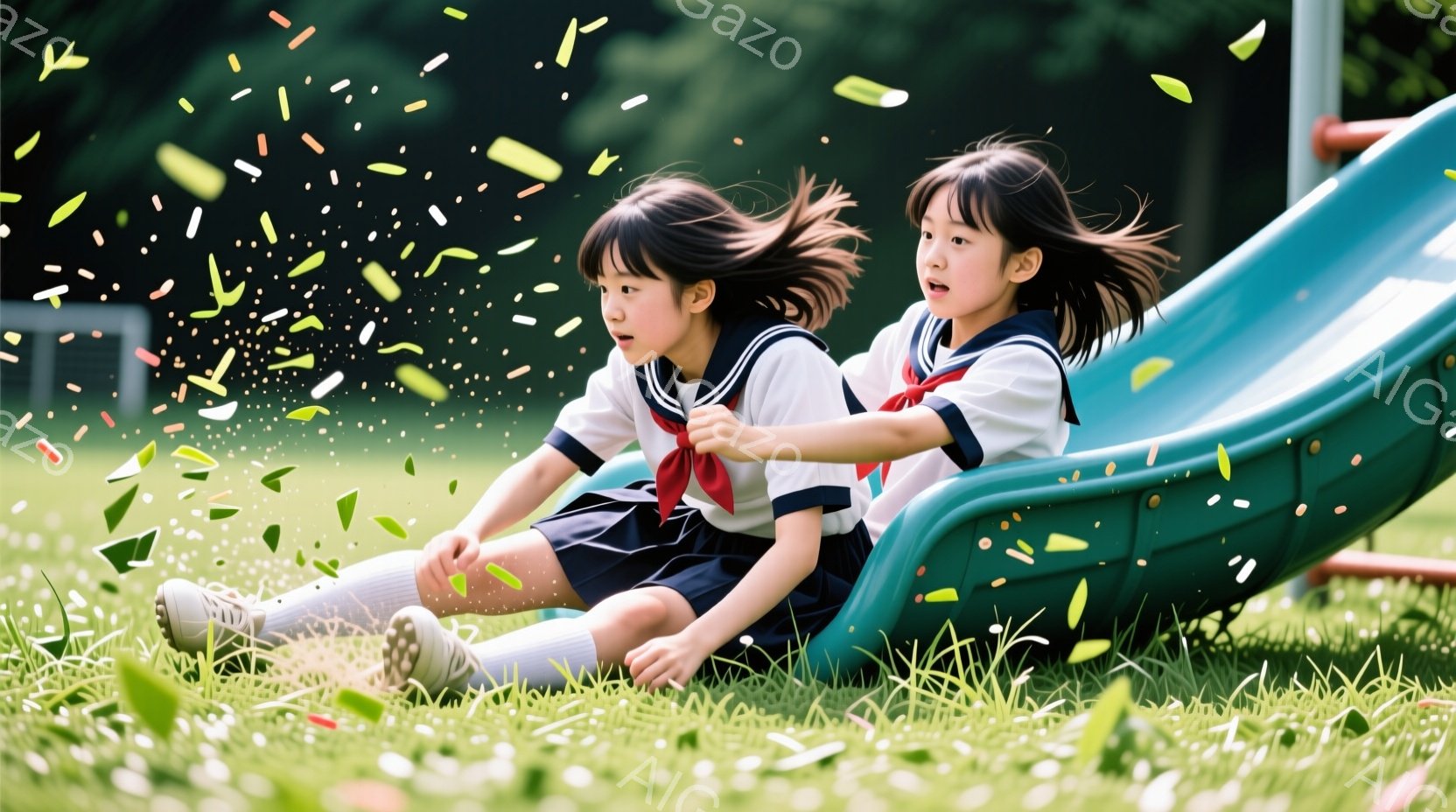 二人の少女が緑色の滑り台から滑り降りる瞬間を捉えた写真です。制服姿で、髪は肩までの長さで、滑る風になびいています。背景には緑豊かな草地が広がり、まるで桜の花びらが舞っているかのような幻想的な雰囲気です - AI生成フリー素材