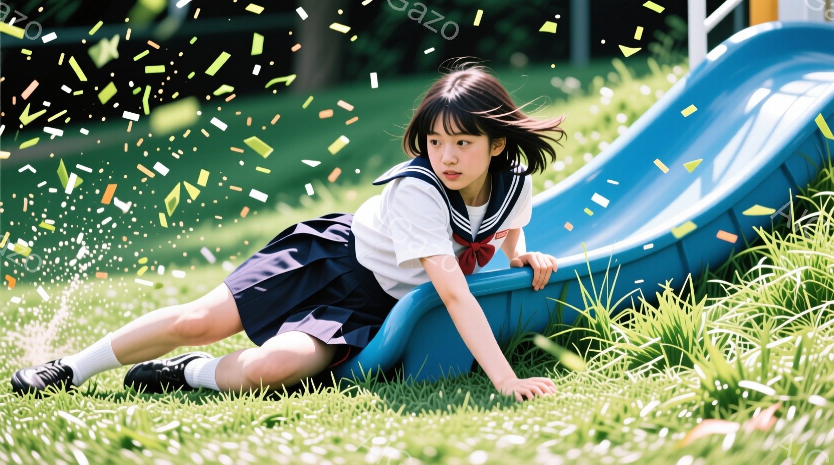 青い滑り台の横に座っている、制服を着た若い女の子が写っています。彼女は濃い青色のスカートと白いブラウスを着ており、髪は肩まで伸びており、顔は少し横を向いています。背景には緑豊かな草が生い茂り、晴天で柔らかい光が差し込んでおり、全体的に明るく、のどかな雰囲気です。