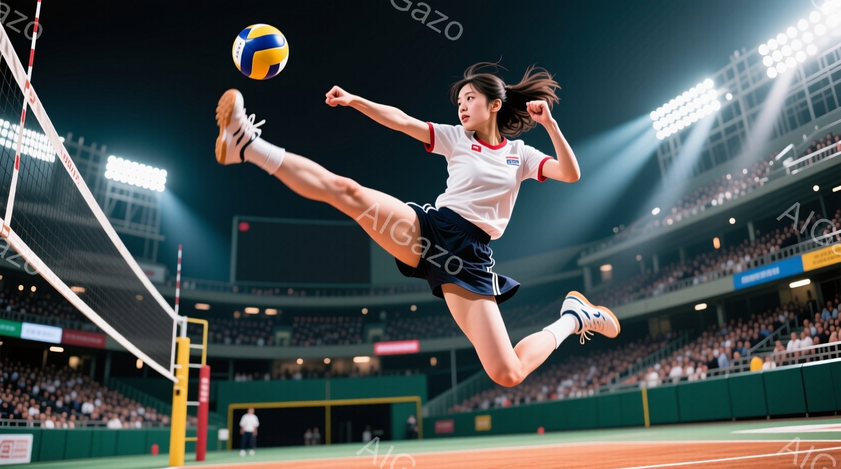 バレーボール選手が空中高く跳躍し、キックのような動きでボールを蹴り上げようとしている姿が捉えられています。白い半袖シャツに紺色のスカート、そして運動靴を着用し、髪はポニーテールに結ばれています。背景に - AI生成フリー素材