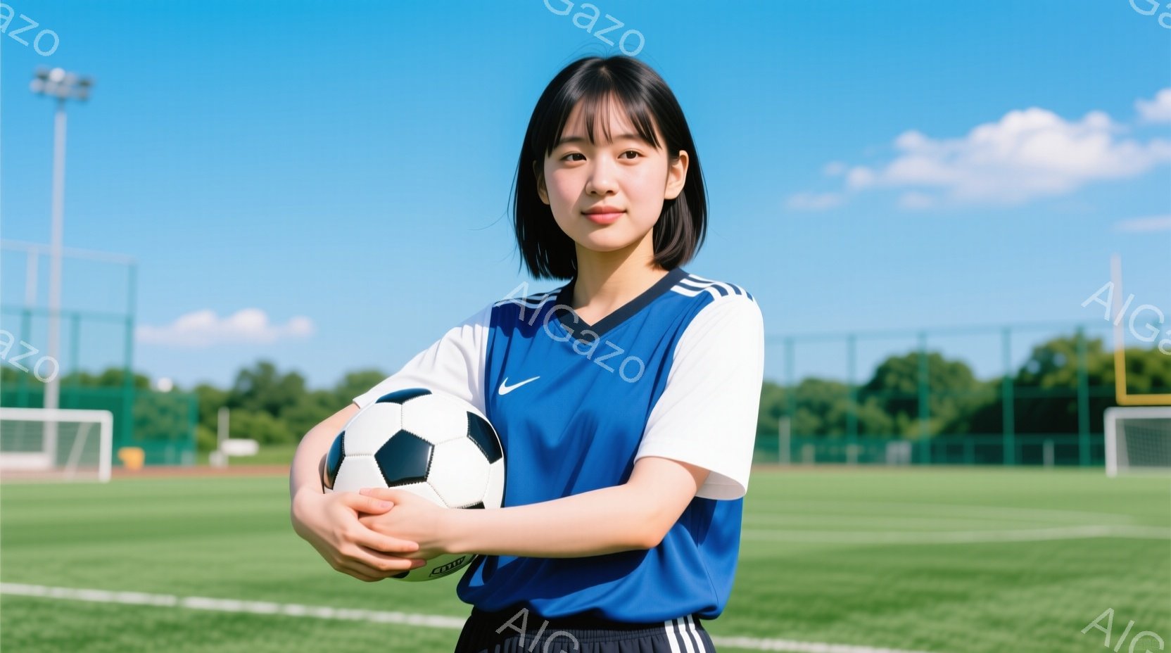 若い女性がサッカーボールを抱え、青と白のストライプが肩に入った青いジャージを着ています。彼女は短い黒髪で、穏やかでわずかに微笑んだ表情をしています。背景は緑のサッカー場と青空で、晴れた日の活気ある雰囲気が漂っています。