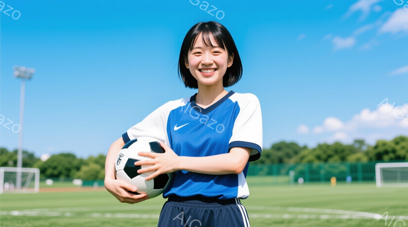 この女性は、青と白のサッカーユニフォームと紺色のショートパンツを着用し、両腕でサッカーボールを抱えています。彼女は微笑んでおり、肩までの長さの黒髪が特徴です。背景には緑豊かな芝生、ゴールネット、そして - AI生成フリー素材