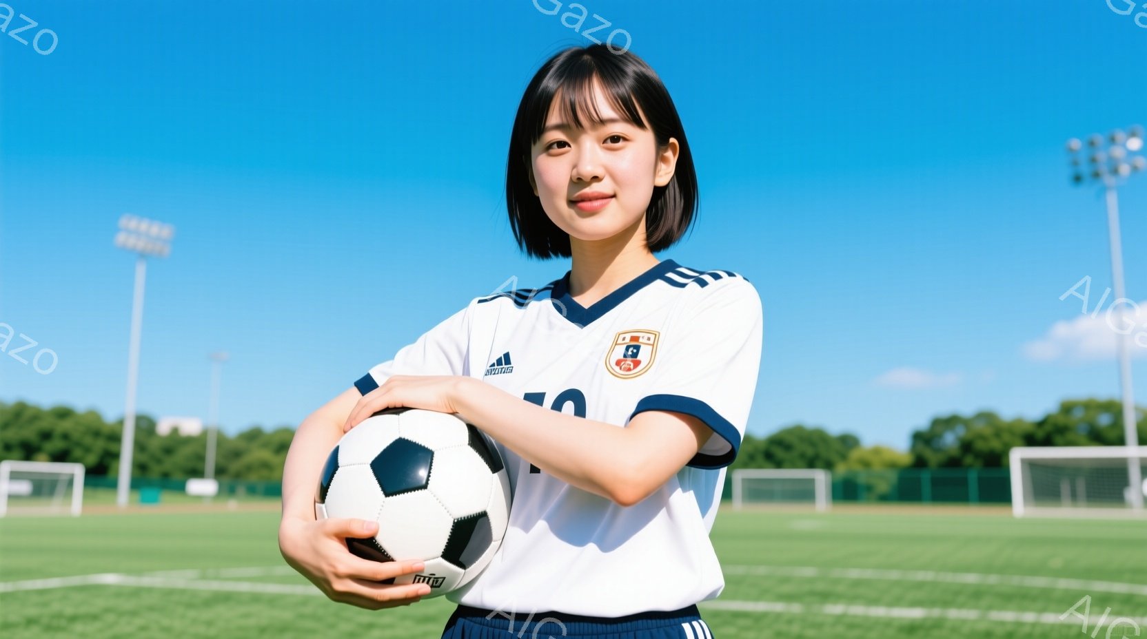 サッカーボールを抱えた若い女性が写っています。彼女は白い襟と袖のサッカーユニフォームを着ており、ダークブラウンのショートボブヘアで、穏やかな笑顔を浮かべています。背景には緑の芝生とサッカーゴールがあり - AI生成フリー素材