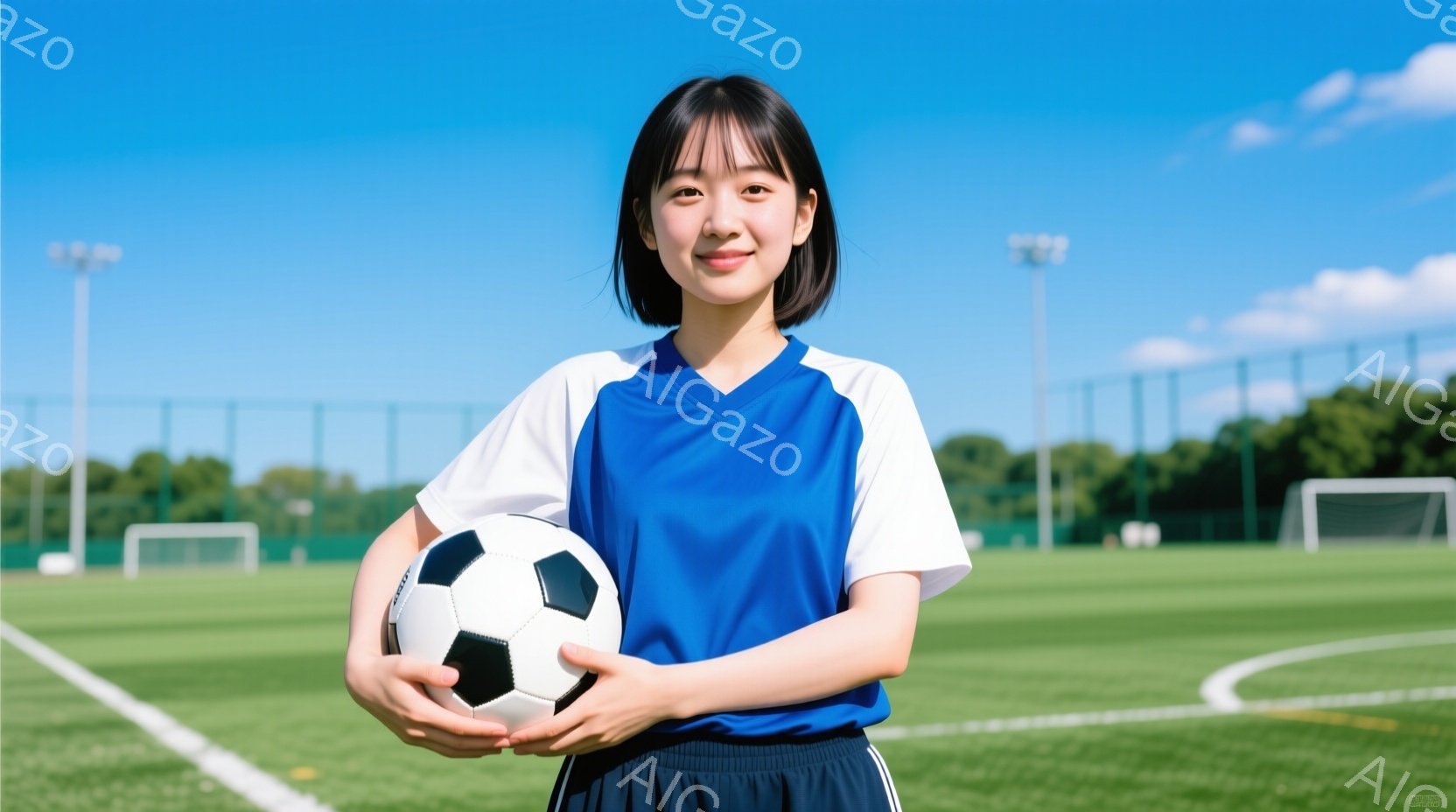 紺色のサッカーユニフォームに白いラインが入った女性が、サッカーボールを抱えて立っています。彼女は短い黒髪で、穏やかな笑顔を浮かべており、背景には緑のサッカー場と青い空が広がっています。晴れた日の屋外で、爽やかで活気のある雰囲気が感じられます。