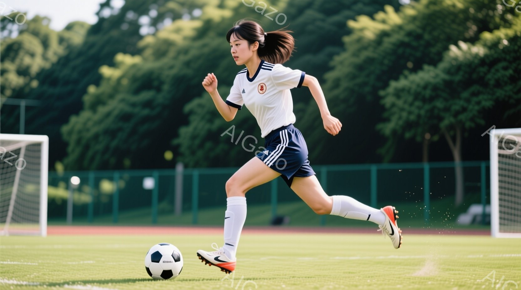 少女はサッカーの試合でボールを追いかけながら走っている。彼女は白いシャツに紺色の短パン、白いソックスとスパイクを履き、髪は後ろでポニーテールに結んでいる。背景には緑の芝生とフェンス、そして木々が見え、 - AI生成フリー素材