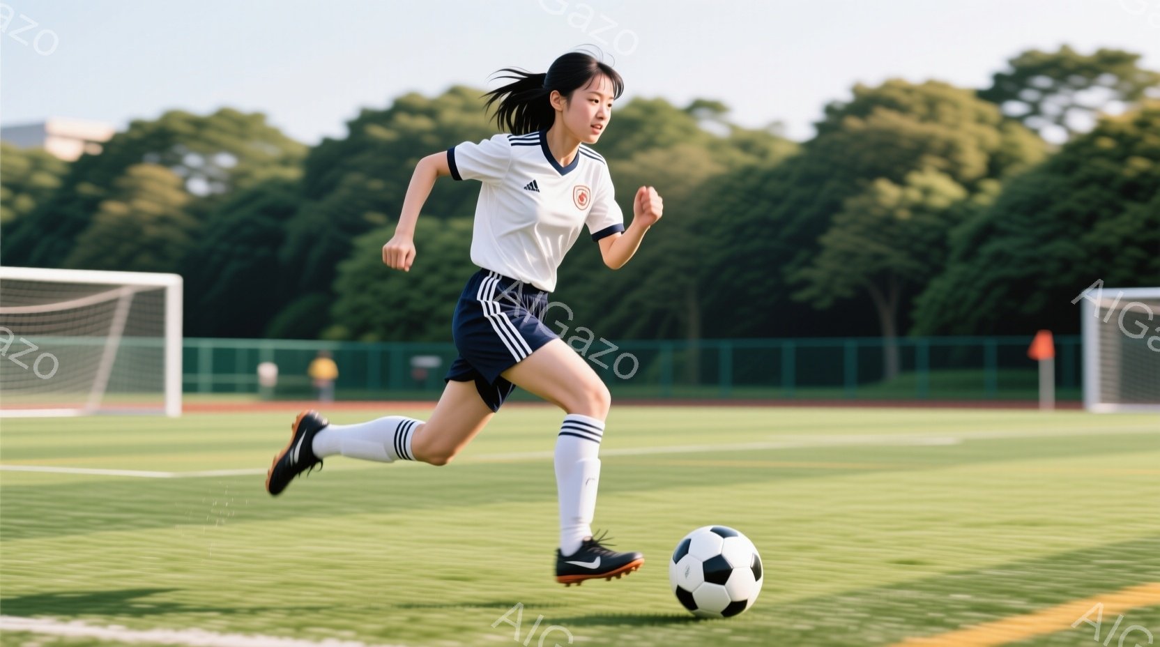白いサッカーユニフォームを着た若い女性が、緑の芝生の上をボールをドリブルしながら走っている。彼女は黒いヘアバンドで髪を後ろに束ね、集中した表情でボールを見つめている。背景にはサッカーゴールとわずかに見 - AI生成フリー素材