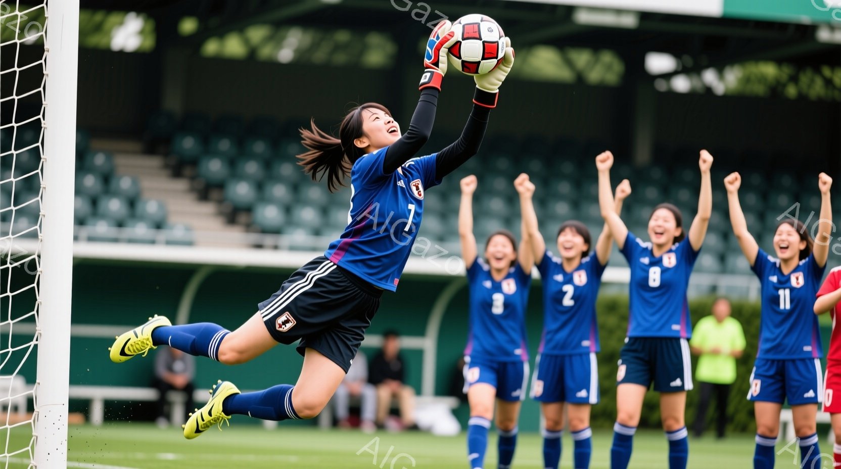 サッカーのゴールキーパーが、ボールをキャッチするために大きくジャンプしている様子が写っている。彼女は青いユニフォーム、黒いショートパンツ、黄色い靴を履き、髪はポニーテールに結んでいる。背景には、青いユ - AI生成フリー素材