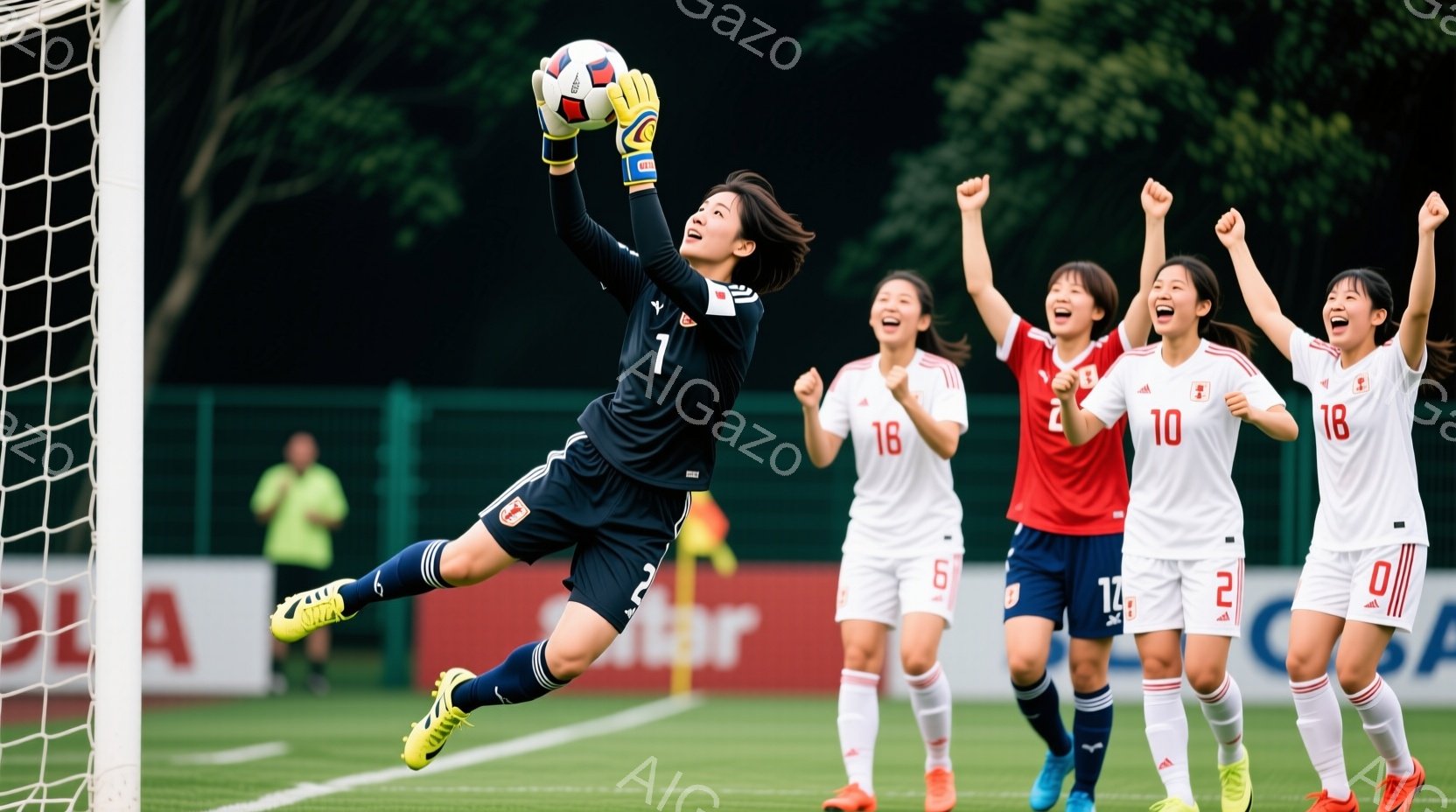 サッカーの試合で、日本の女子選手たちがゴールを決めた瞬間の様子が写っている。ゴールキーパーは大きくジャンプしてボールを掴もうとしており、他の選手たちは両手を上げて喜びを表現している。背景には緑豊かな芝 - AI生成フリー素材
