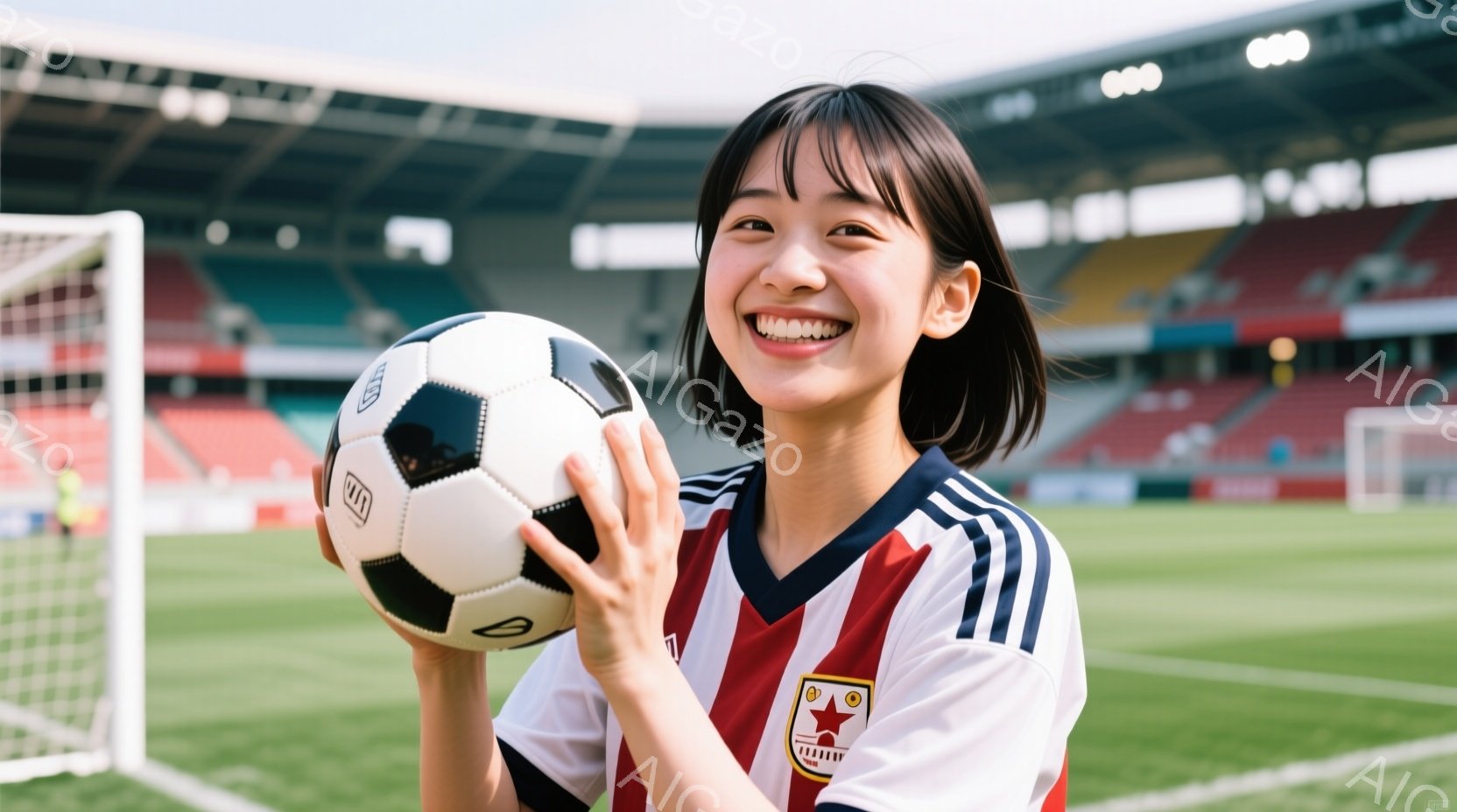 若い女性がサッカーボールを持って満面の笑みを浮かべている。彼女は赤と白のストライプのサッカーユニフォームと、肩に三本線が入った白いジャケットを着ており、短くダークブラウンのヘアスタイルをしている。背景 - AI生成フリー素材