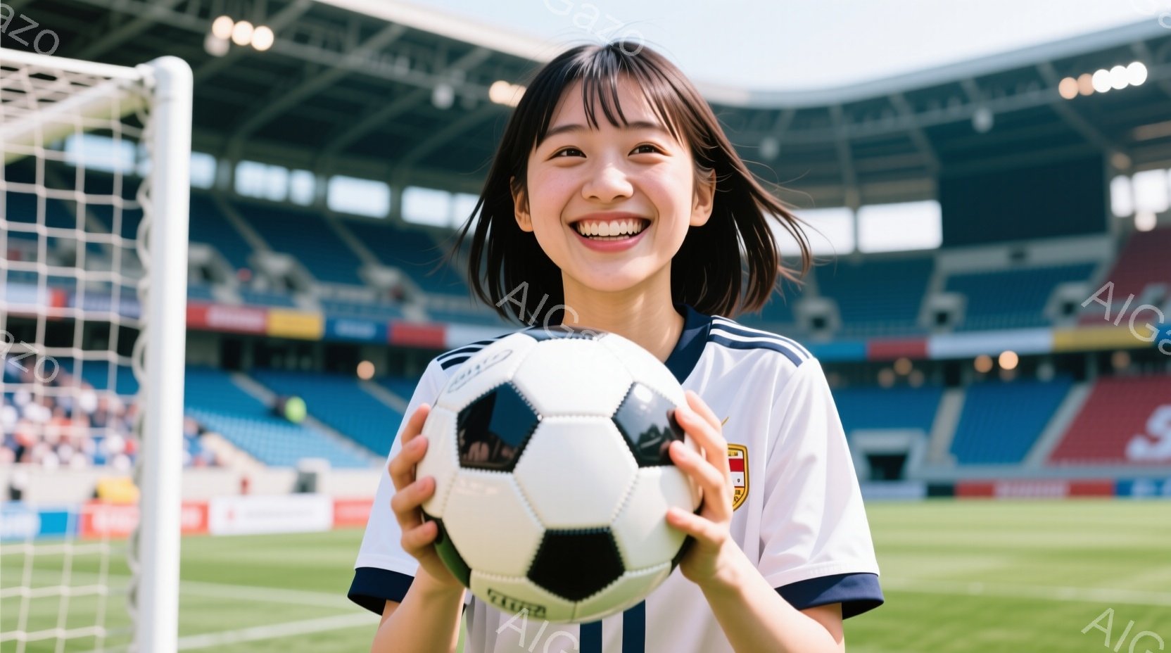 白いサッカーユニフォームを着て、笑顔でサッカーボールを持っている若い女性が写っています。彼女は短い黒髪で、明るく元気な表情をしています。背景には、観客席と青空が広がるサッカー場があり、晴天の下での試合やイベントが行われている様子が伺えます。