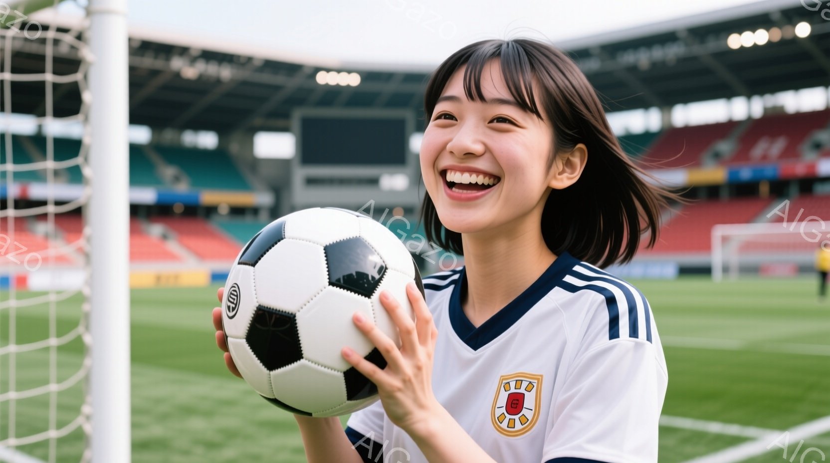 この女性はサッカーボールを持って明るく微笑んでいます。白い襟と黒いラインが入ったサッカーユニフォームを着ており、短くダークブラウンのヘアスタイルです。背景には緑の芝生と観客席が見え、晴れた日のサッカー - AI生成フリー素材