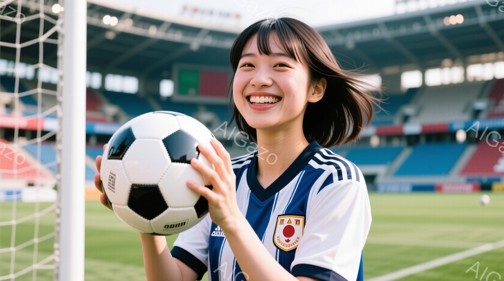 サッカーボールを持った若い女性が写っています。彼女は日本のユニフォームを着ており、笑顔でボールを見つめています。背景には緑のサッカー場と観客席が見え、晴れた日の屋外で試合が行われている様子が伺えます。