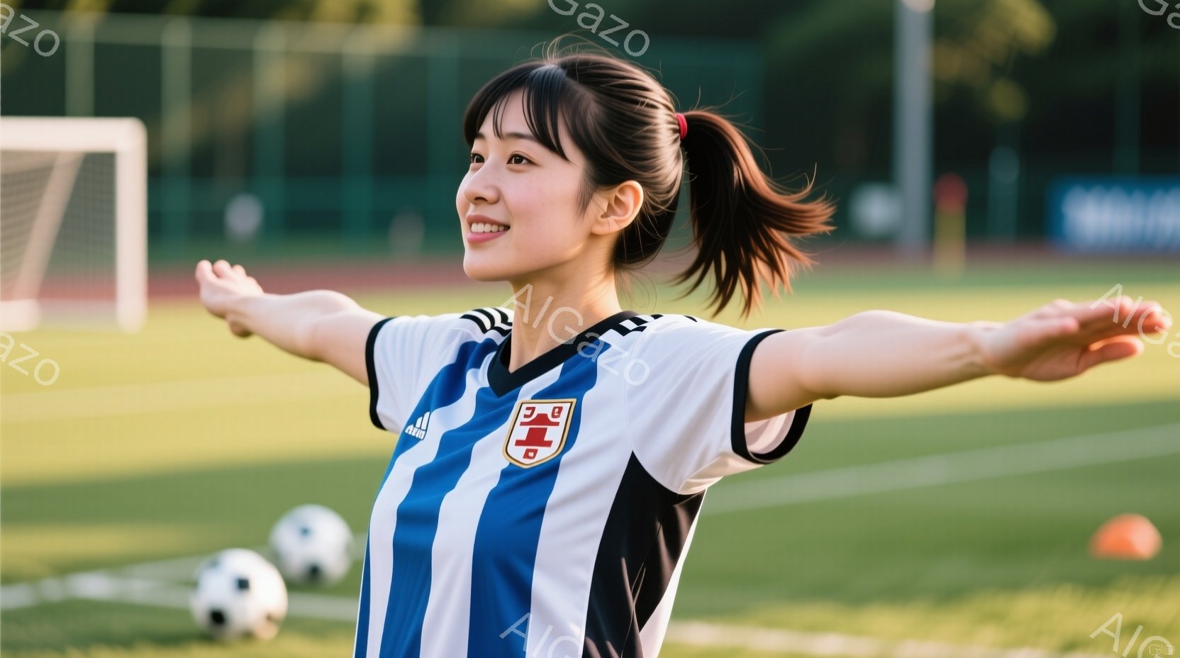 この女性は、青と白のストライプのサッカーユニフォームを着て、両腕を広げて立っています。彼女は明るい笑顔で、ポニーテールに髪をまとめています。背景には緑のサッカー場とゴール、そしてぼんやりとした建物が見 - AI生成フリー素材