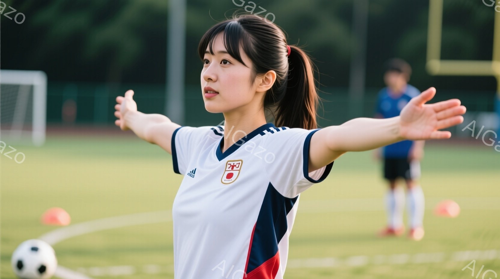 白いサッカーユニフォームを着た若い女性が、両腕を広げて立っています。彼女はポニーテールで髪をまとめ、表情はリラックスしており、背景には緑のサッカー場と遠くにぼやけた人物、そしてオレンジ色のコーンが点在 - AI生成フリー素材
