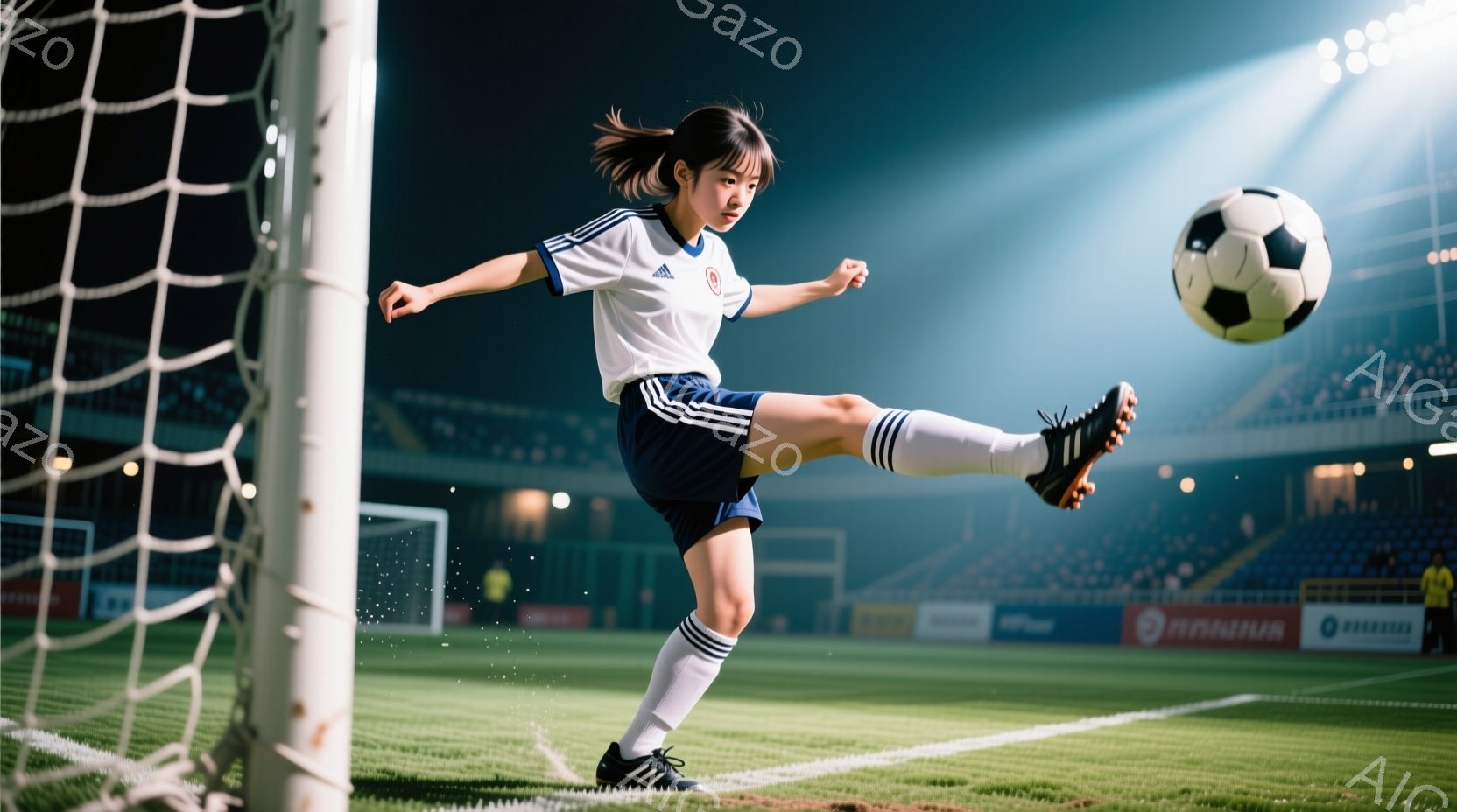 サッカー選手である若い女性が、緑色の芝生の上でボールを蹴り上げている。彼女は白い長袖のシャツと紺色のショートパンツ、それに白いソックスと黒いスパイクを着用し、髪はポニーテールに結んでいる。背景には観客 - AI生成フリー素材