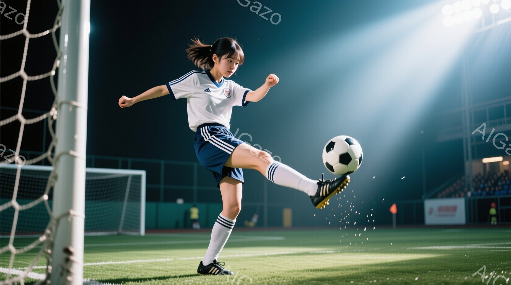 白いユニフォームと濃い青色のショートパンツを着用した若い女性サッカー選手が、サッカーボールを蹴り上げている瞬間を捉えた写真です。彼女は長い髪を後ろで一つにまとめ、集中した表情で力強くボールに足を振り抜 - AI生成フリー素材