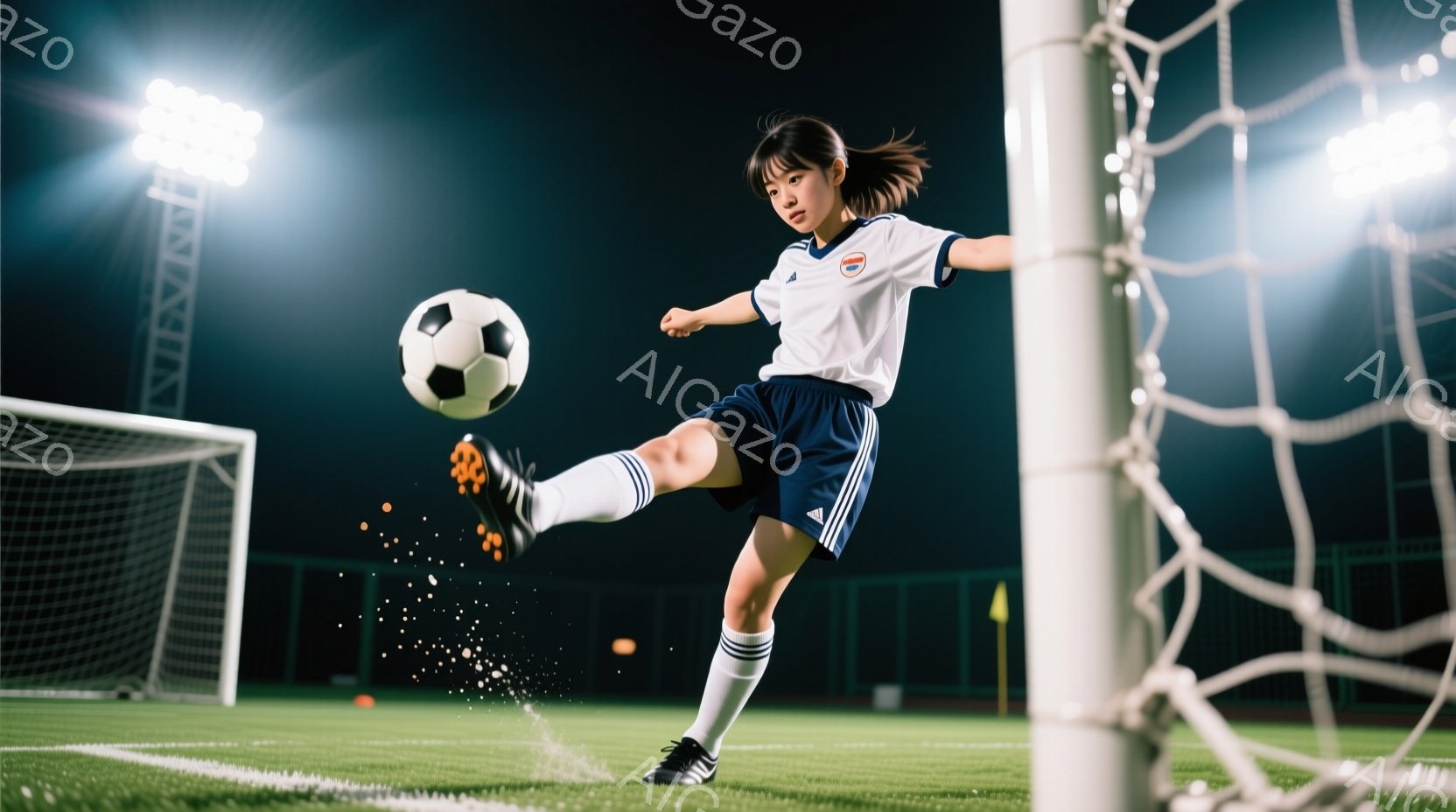 少女はサッカーボールを蹴り上げる瞬間で、白の半袖シャツに紺色のショートパンツ、白いソックスを履き、三つ編みの髪をしている。彼女は集中した表情で、右足を振りかぶり、芝生が少し舞い上がっている。背景にはサ - AI生成フリー素材