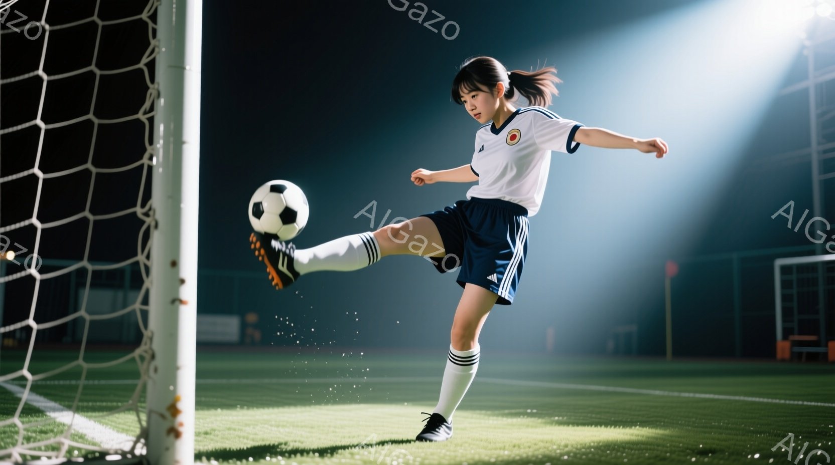 サッカー選手がボールを蹴る瞬間を捉えた写真です。白のユニフォームに黒のショートパンツとソックスを履き、ポニーテールにしています。背景は緑の芝生とサッカーゴールネット、そして薄暗いスタジアムの様子が見え - AI生成フリー素材