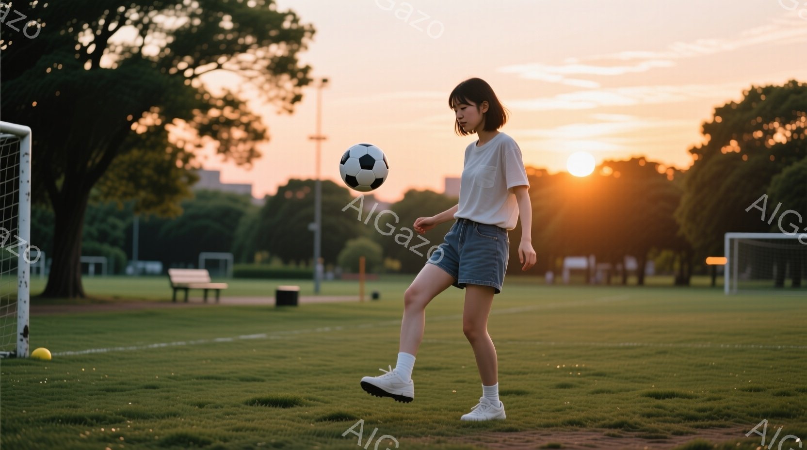 短い髪の女性が、緑の芝生の上でサッカーボールを蹴っている。白いTシャツとデニムのショートパンツ、白い靴を履いており、リラックスした雰囲気でボールをコントロールしている。背景には木々や建物が見え、夕焼け - AI生成フリー素材