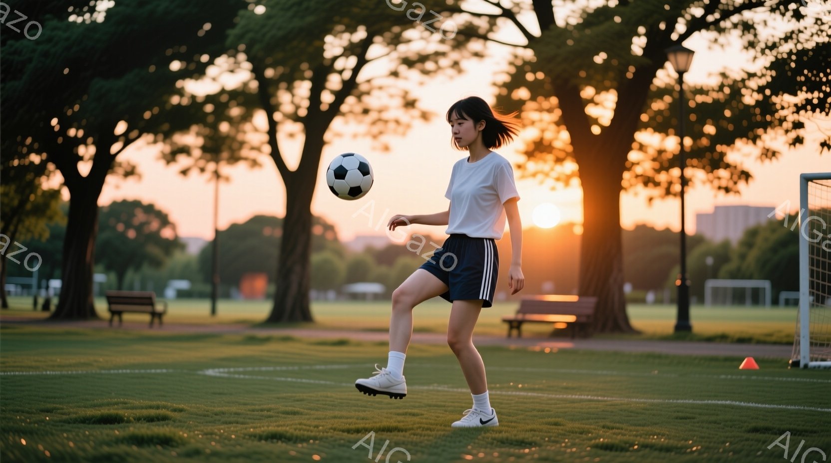 白いTシャツと紺色のショートパンツを着用した若い女性が、緑の芝生の上でサッカーボールを蹴っています。彼女は髪を後ろで一つにまとめ、横を向いてボールを蹴る瞬間の躍動感のある姿を捉えています。背景には木々 - AI生成フリー素材