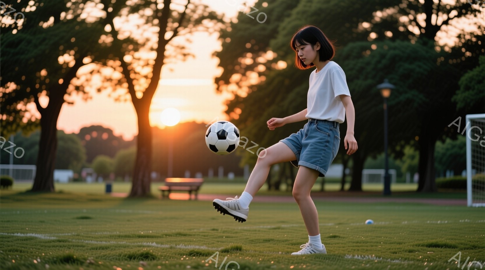 短い髪の女性が公園でサッカーボールを蹴っています。白いTシャツとデニムのショートパンツを着用し、運動靴を履いています。背景には木々が生い茂り、夕焼けが空をオレンジ色に染め、穏やかでリラックスした雰囲気です。