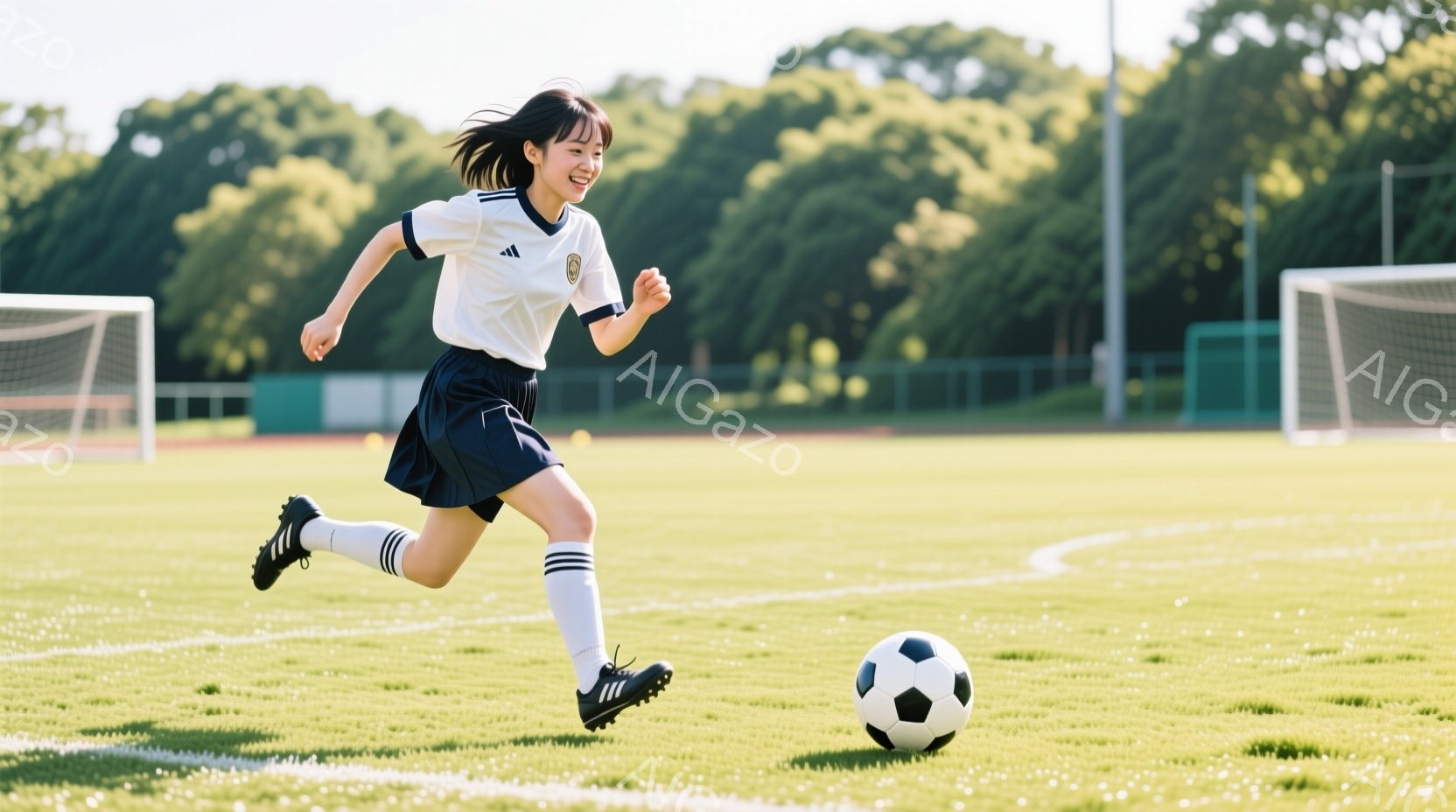 少女はサッカーコートでボールを追いかけて走っている。白い半袖シャツと黒いスカート、サッカーソックスとスパイクを着用し、ポニーテールにしている。背景には緑の芝生とサッカーゴール、そして木々が見え、晴れた - AI生成フリー素材