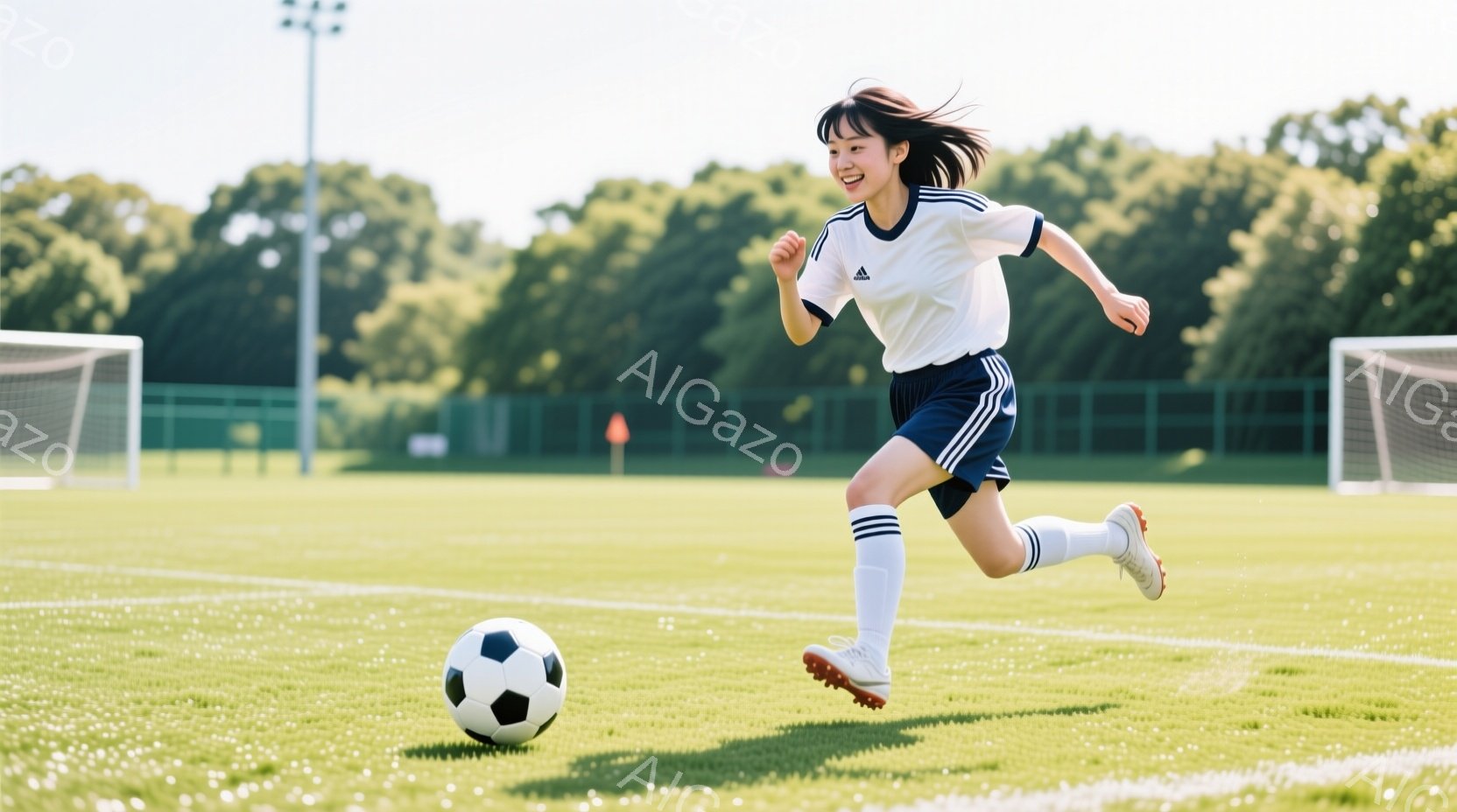 緑の芝生の上をボールをドリブルしながら走る若い女性が写っている。彼女は白い襟付きのシャツと黒いショートパンツ、ハイソックスを着用しており、髪はポニーテールに結ばれている。背景にはサッカーゴールと緑豊か - AI生成フリー素材