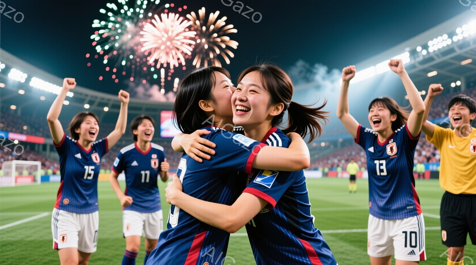 サッカーの試合で勝利したと思われる女性選手たちが、互いに抱き合って喜んでいます。彼女たちは日本代表のユニフォーム（青地に赤いライン、背中に数字）を着用し、ショートパンツとソックスを合わせています。背景 - AI生成フリー素材