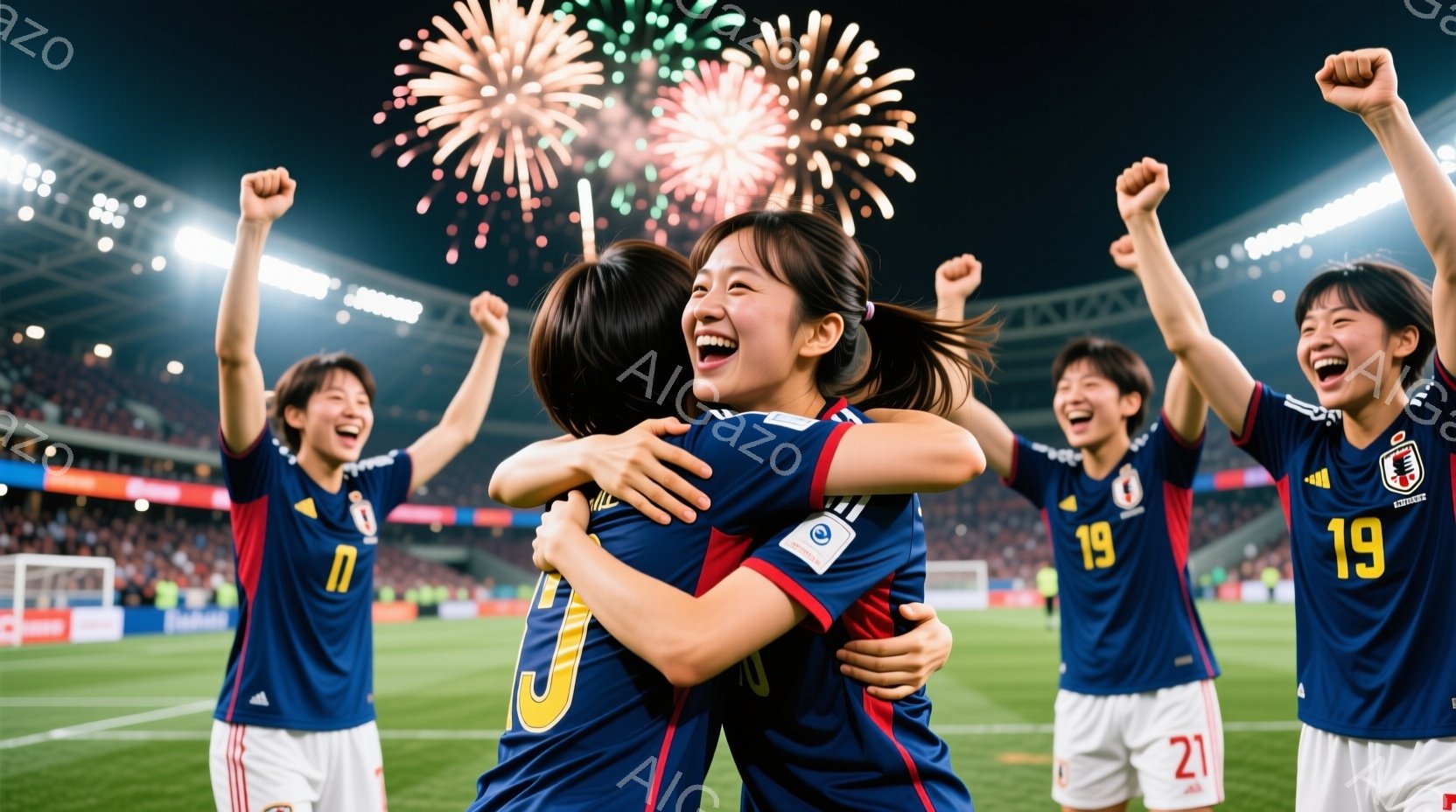 サッカーの試合で勝利した日本の女子選手たちが、スタジアム内で喜びを分かち合っている様子が写っている。選手たちは青と白のユニフォームを着用し、背番号が入っている。背景には満員の観客席と夜空に打ち上げられ - AI生成フリー素材