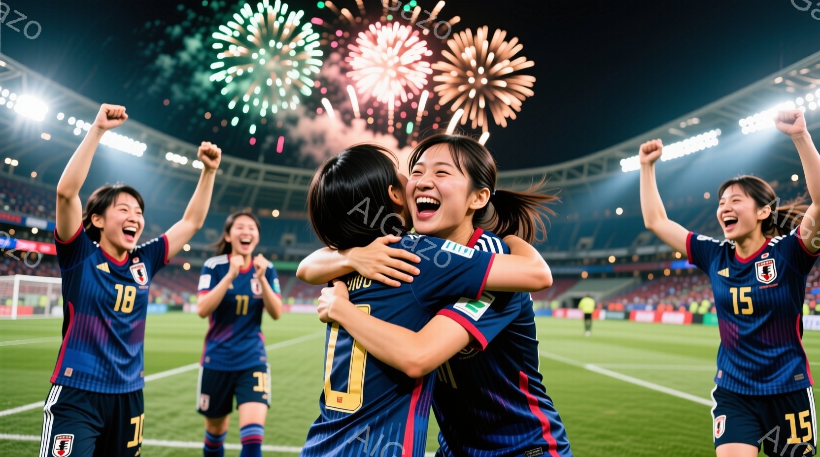 サッカーの試合で、日本代表の女性選手たちが歓喜の抱擁をしています。彼女たちは青と赤のユニフォームを着用し、髪はポニーテールでまとめられています。背景には観客席と花火が上がり、勝利の興奮と喜びが伝わって - AI生成フリー素材