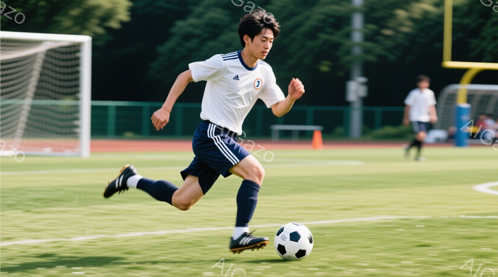 若い男性がサッカーボールをドリブルしている写真です。白い長袖シャツに紺色のショートパンツ、黒いスパイクを履いており、髪は短く整えられています。背景には緑の芝生、サッカーゴール、そしてぼんやりと見える建物や他の選手がおり、晴れた日の屋外での練習風景を表しています。