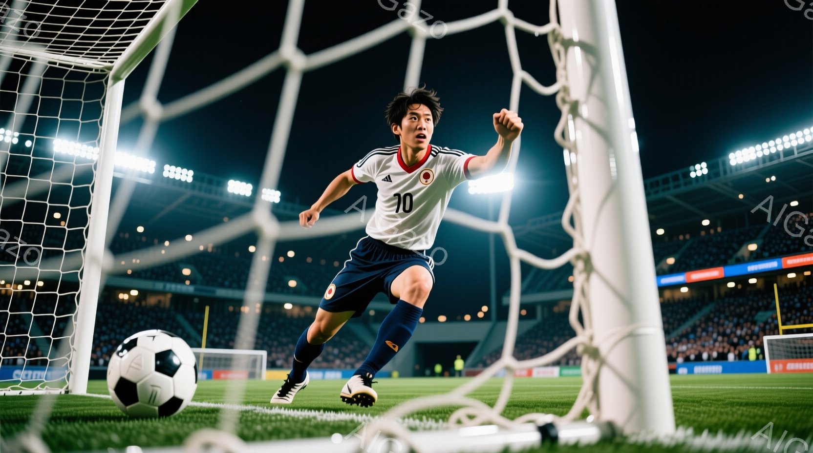 サッカーの選手が、緑の芝生の上を走り、ゴールを目指している様子が写っている。彼は日本のユニフォーム（白と青）を着用し、黒いヘアスタイルで、集中した表情でボールを見つめている。背景には観客席や照明がぼや - AI生成フリー素材