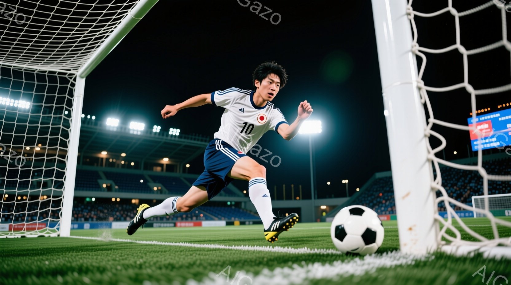 サッカー選手が緑の芝生の上を疾走している様子が写っている。白と紺のストライプのユニフォームに背番号10が光り、黒髪を少し長めに伸ばした選手は、ボールを追いかけるように前傾姿勢で駆けている。背景には観客 - AI生成フリー素材