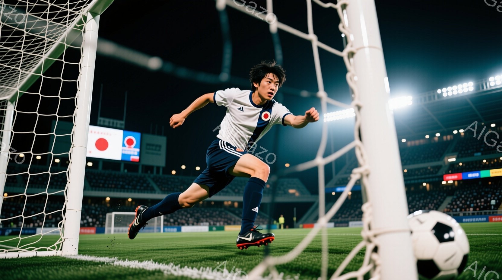 サッカー選手が緑の芝生の上をゴールに向かって走り、ボールが彼の足元に迫っている様子が捉えられています。彼は白と青のストライプが入ったユニフォーム、黒いソックス、そして黒いスパイクを履いており、短く整え - AI生成フリー素材