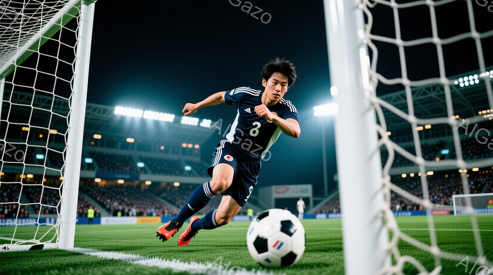 サッカー選手が緑の芝生の上を走り、ゴールに向かっている様子が写っています。彼は黒いユニフォームに赤い靴を履き、短髪で、前方に集中した表情をしています。背景には観客席が見え、夜間のスタジアムの照明が光り - AI生成フリー素材