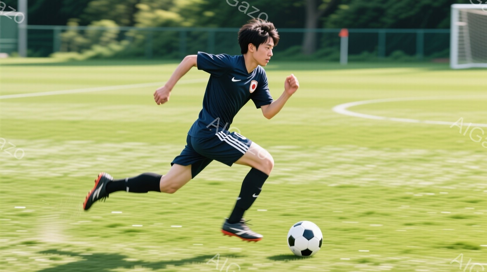 サッカー選手が緑の芝生の上を走り、ボールをドリブルしている様子が写っている。黒いユニフォームに白いラインが入っており、短い黒髪に整髪されている。背景には緑のフェンスと青空が見え、晴れた日の活気あるサッ - AI生成フリー素材
