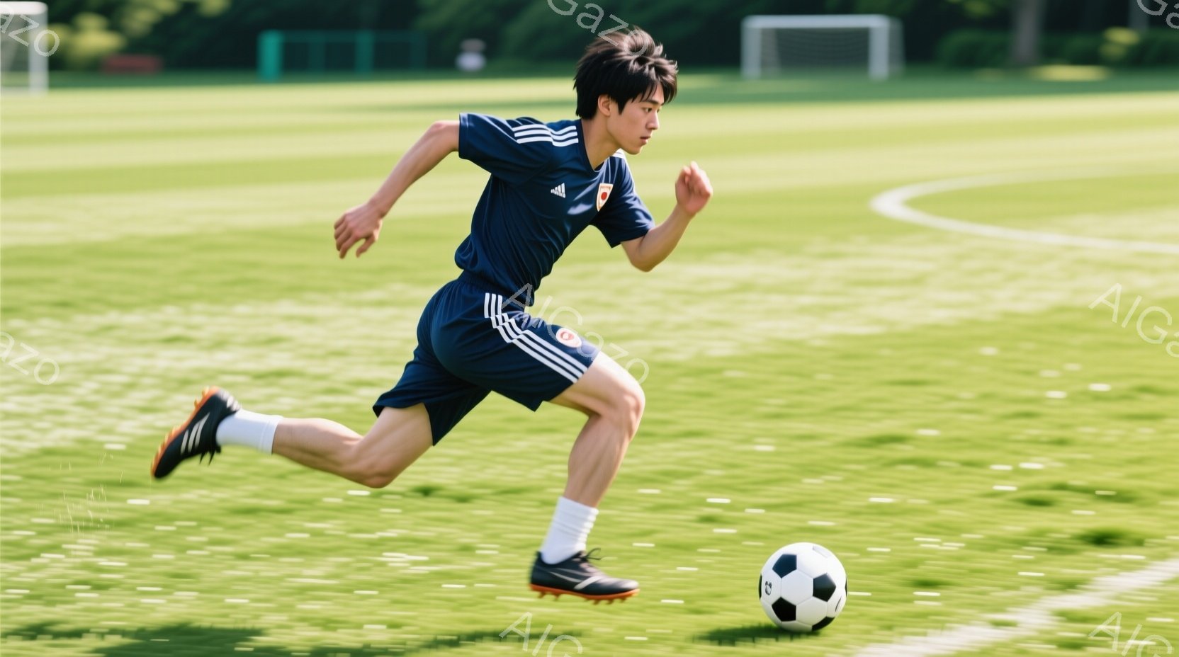 サッカー選手が緑の芝生の上を走っている様子が写っている。青色のユニフォームと白のラインが入ったソックスを着用し、黒いスパイクを履いている。背景には緑豊かな自然と、ぼやけたサッカーゴールが見え、晴れた日 - AI生成フリー素材