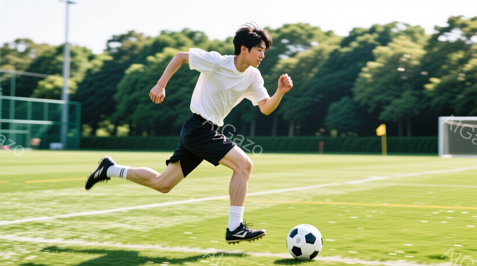 若い男性がサッカーボールを追いかけながら疾走している様子が写っている。彼は白いTシャツと黒いショートパンツ、白いソックス、スパイクを着用し、黒髪を短く整えている。背景には緑の芝生、サッカーゴール、そして木々が見え、晴天の下、活気のある雰囲気が漂っている。