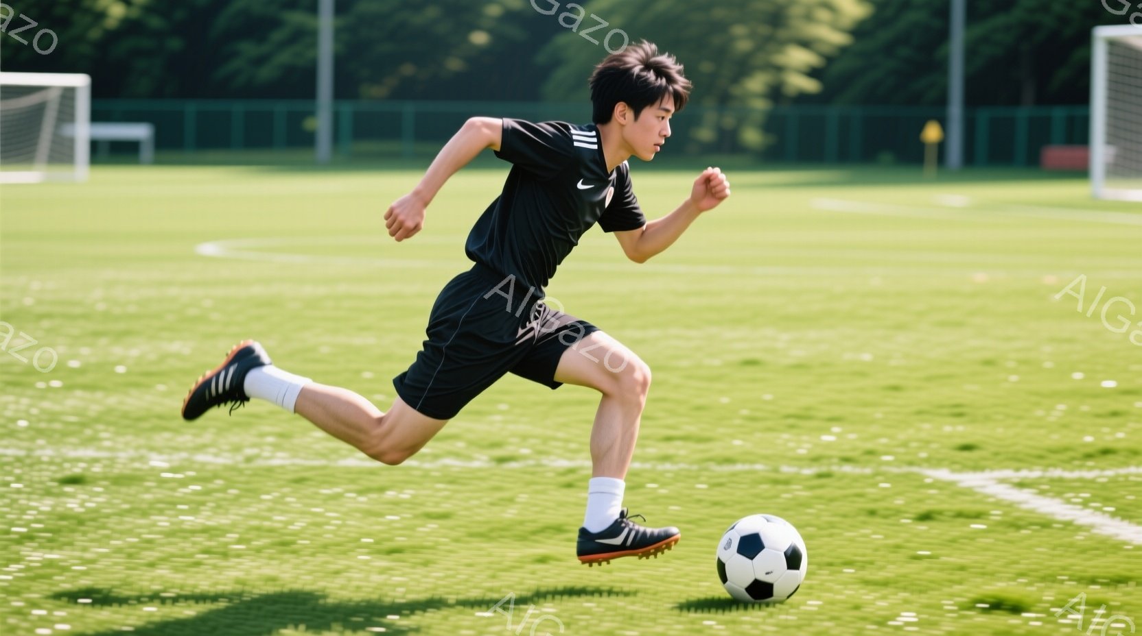 黒いサッカーユニフォームを着た少年が、緑の芝生の上をボールを追いかけながら走っている。少年は短髪で、集中した表情でボールを見つめている。背景にはサッカーゴールと緑豊かな木々が見え、晴れた日の屋外での練習風景を捉えている。