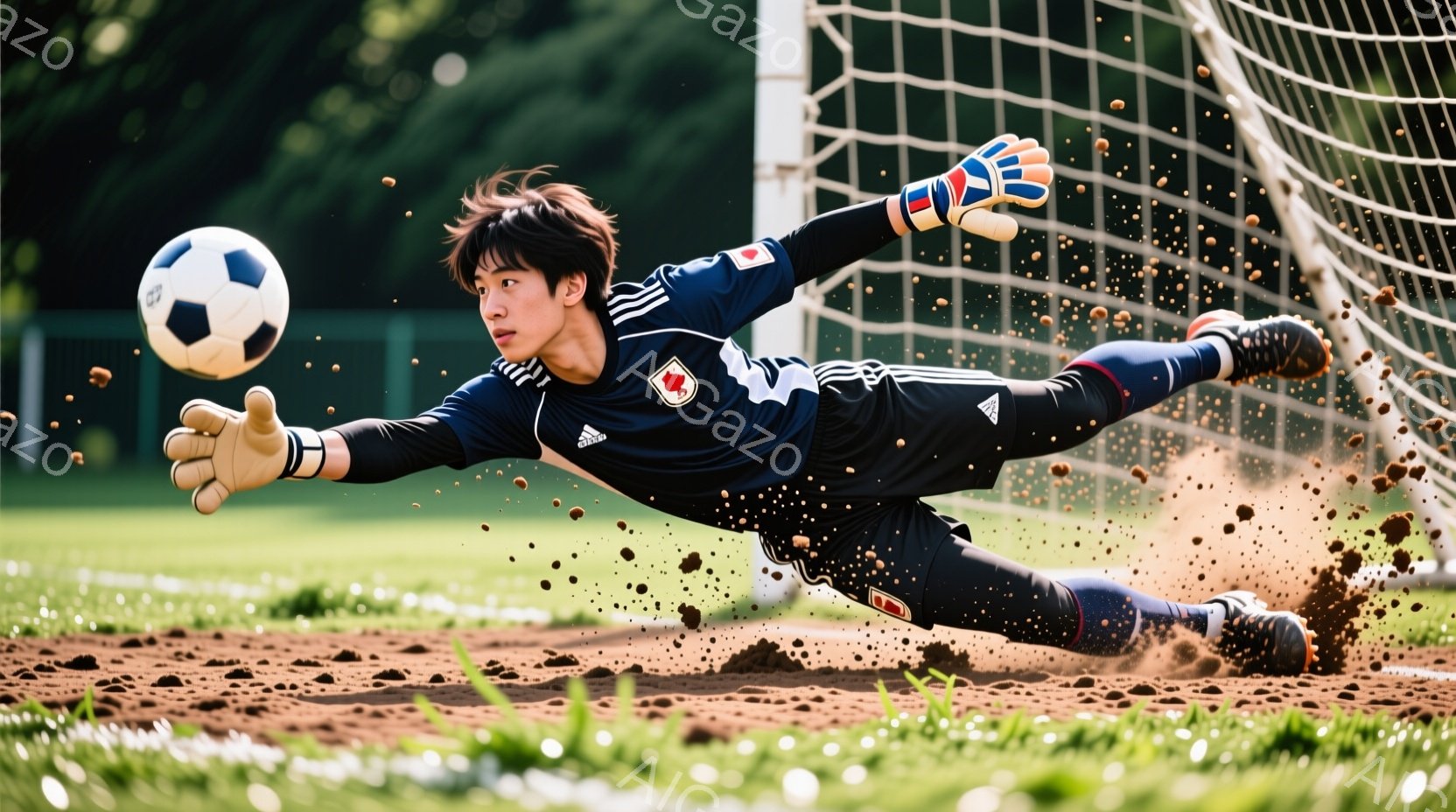 サッカーのゴールキーパーが、ボールをキャッチするために地面に体を投げ出している様子が捉えられています。彼は青と黒のストライプの長袖ユニフォームと、濃い色のショーツ、そしてグローブを着用しており、短髪で - AI生成フリー素材