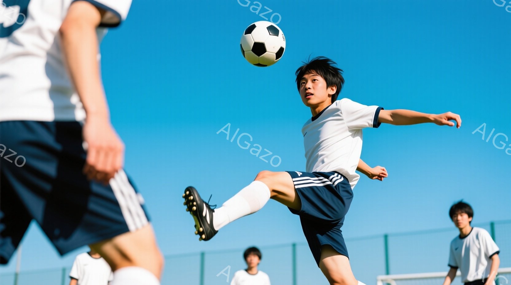 鮮やかな青空の下、少年がサッカーボールを蹴り上げている姿が捉えられています。白の半袖シャツと紺色の短パンを着用し、黒いソックスとスパイクを履いています。少年は少し上目遣いでボールを見つめ、集中した表情を浮かべており、他の選手たちも背景にぼんやりと写っています。