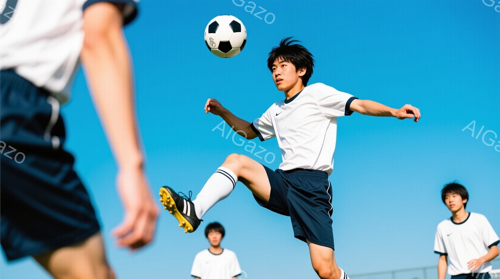 サッカー選手が空中でのボールの瞬間を捉えた写真です。白のユニフォームと紺色の短パンを着用し、黒のソックスとスパイクを履いています。背景には青空とぼやけたチームメイトがおり、活気のある屋外のサッカー練習 - AI生成フリー素材