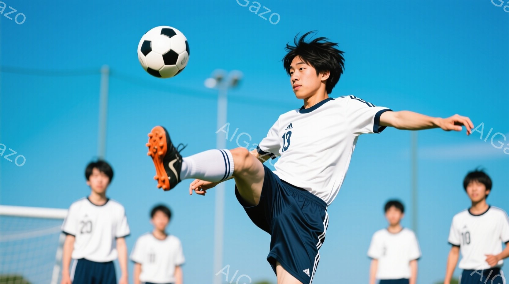 サッカー選手が空中でのキックを披露している写真です。白いユニフォームに紺色の短パンを着用し、黒髪を無造作にスタイリングしています。背景には他の選手たちがぼんやりと見え、晴れた空と緑の芝生が広がっていま - AI生成フリー素材