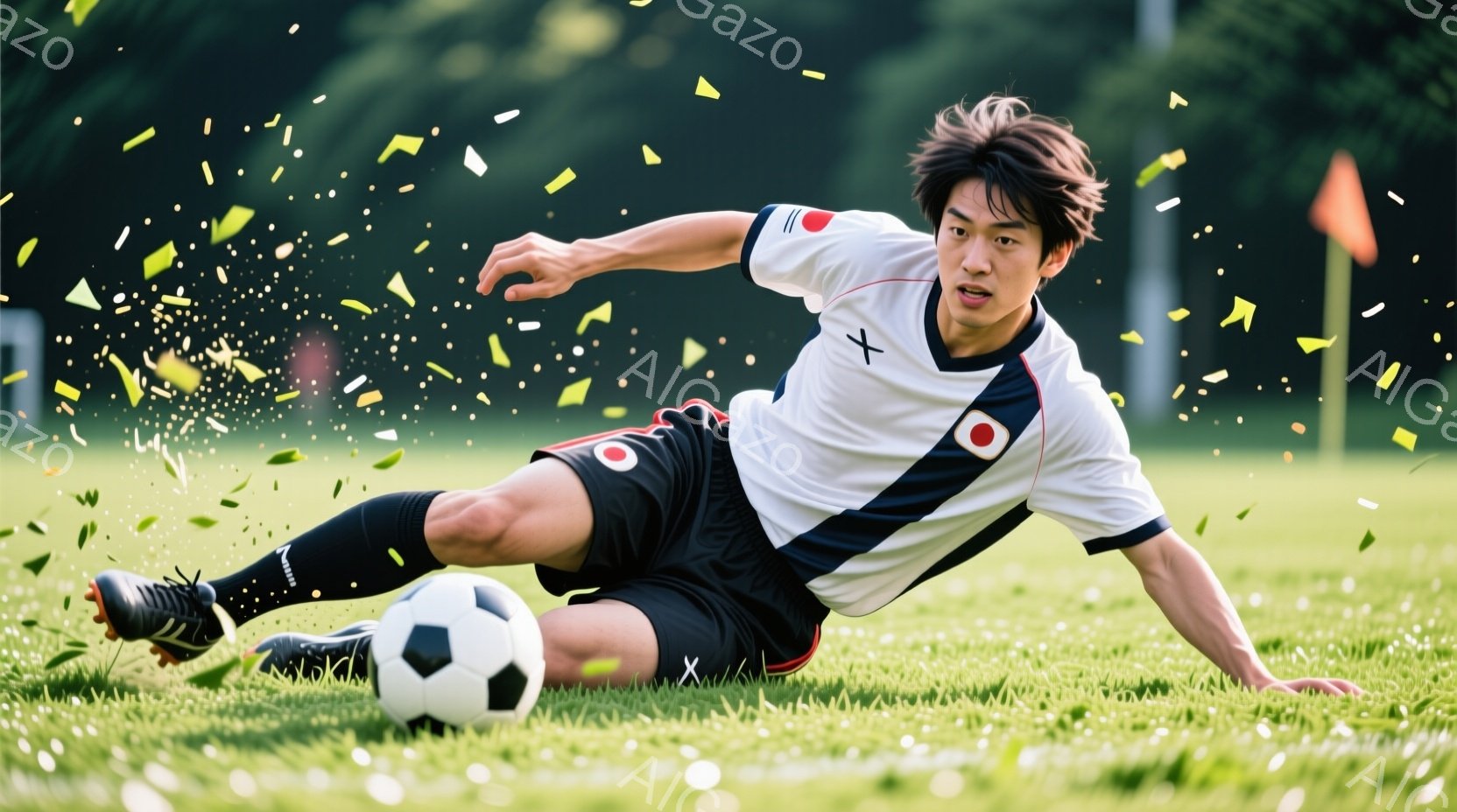 選手は緑の芝生の上でボールを追いかけて滑り込み、左手を地面につけてバランスを取っています。白地に黒のラインが入ったユニフォームと、黒のショートパンツ、ハイソックスを着用し、短髪で真剣な表情をしています。背景には緑豊かな木々が見え、晴れた日のサッカーの試合の熱気が伝わってきます。