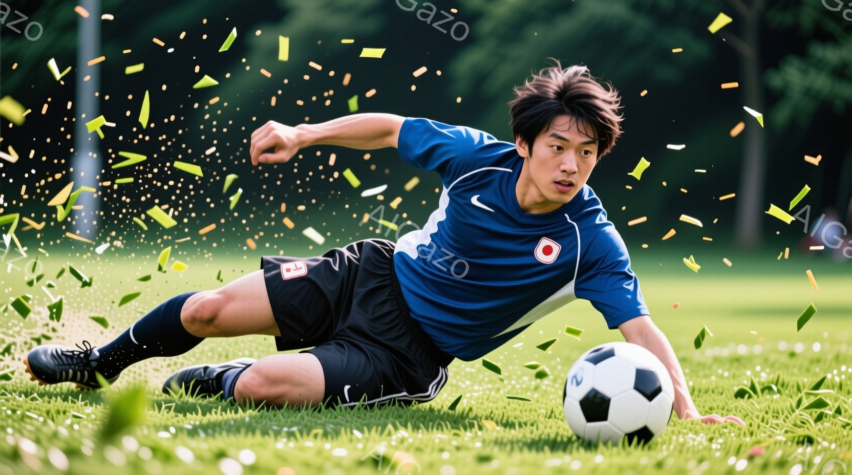 紺色のサッカーユニフォームを着た若い男性が、緑の芝生の上でボールを追いかけるように倒れ込んでいる。彼の髪は黒く、少し無造作にセットされており、顔には真剣な表情が浮かんでいる。背景には緑豊かな木々が見え、光沢のある空の下、活気のある試合の瞬間を捉えている。