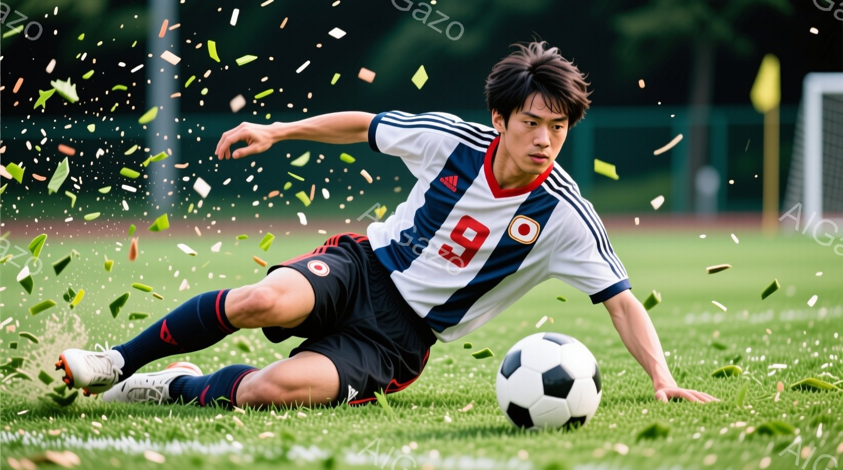 サッカー選手が緑の芝生の上でボールを追いかけて滑り込みをしている様子が写っている。彼は白、赤、黒のストライプのシャツに黒の短パン、そして白いソックスとスパイクを履いている。背景には緑豊かな木々が見え、空は晴天で、芝生の上には緑色の葉が舞っている様子から、活気のある夏の日の試合の瞬間を捉えた写真であることがわかる。